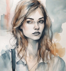 A watercolor illustration, modern young woman