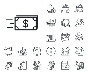 Banking currency sign. Cash money, loan and mortgage outline icons. Transfer Cash money line icon. Dollar or USD symbol. Money transfer line sign. Credit card, crypto wallet icon. Vector