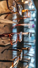 Obraz premium stylish modern trendy eyeglasses on the optical store presentation stand, vertical