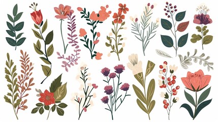 Romantic Floral Elements: Flower Collection with Twigs, Leaves, and Berries