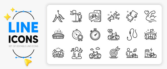 Yoga music, Bike app and Maggots line icons set for app include Winner cup, Ole chant, Sports arena outline thin icon. Best result, Hook, Arena stadium pictogram icon. Electric bike. Vector © blankstock