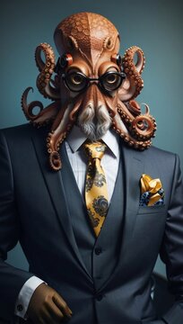 Octopus in a Luxurious Colorful Professional Suit. Animal posing with a charismatic human attitude. Fun Concept in a Simple Plain Background. Creative Marketing and Branding Concept.