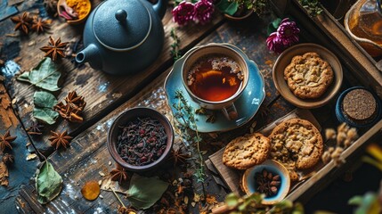 Tea and Cookies on a Rustic Wooden Table