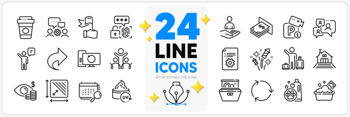 Icons set of Takeaway coffee, Recovery computer and Engineering team line icons pack for app with Inclusion, Dishwasher, Agent thin outline icon. Parking security, Square area. Vector