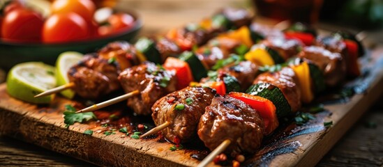 Skewered meat kebabs with veggies are barbecued.