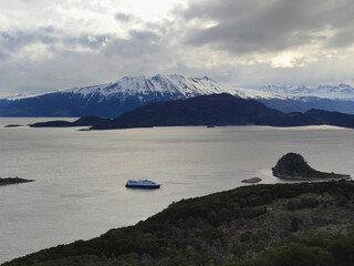 Coastline in Patagonia with a cruise ship, Tierra del Fuego, Argentina