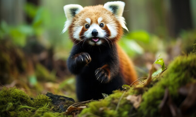 Adorable red panda standing upright in a lush forest, with mossy ground, showing curiosity and playfulness in a natural habitat scene