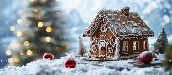 Scandinavian gingerbread house by Christmas tree - Wide landscape
