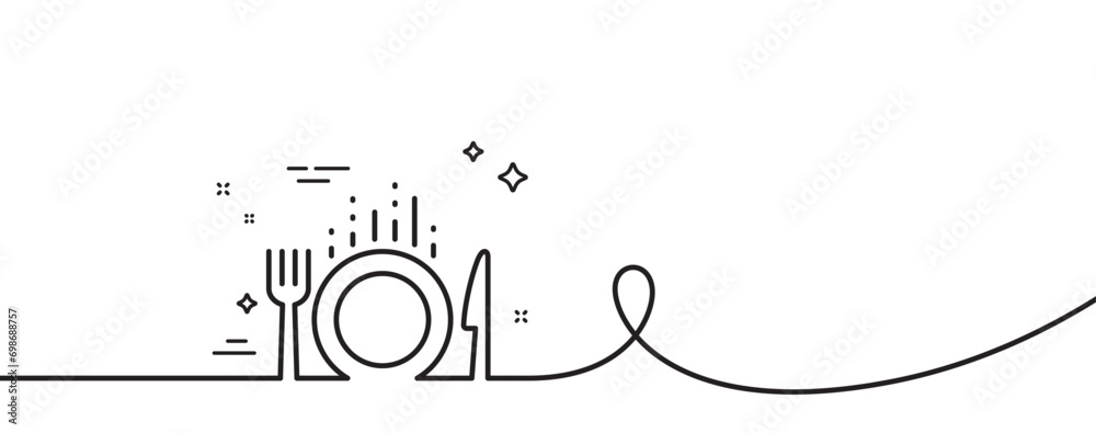 Poster food line icon. continuous one line with curl. cutlery sign. fork, knife symbol. food single outline