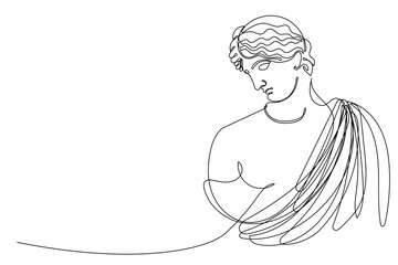 Antique God Statue Bust Line Art Silhouette Illustration. One Continuous Line Editable Ancient Stone Head Portrait Sketch Line Art Portrait Decoration. Doodle Curve Line  Antique Character Portrait  