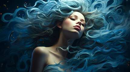 Ethereal Woman with Swirling Blue Hair in Mystical Underwater Dreamscape, Surreal Beauty Portrait