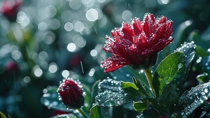 A Beautiful Red Flower with Glistening Water Droplets