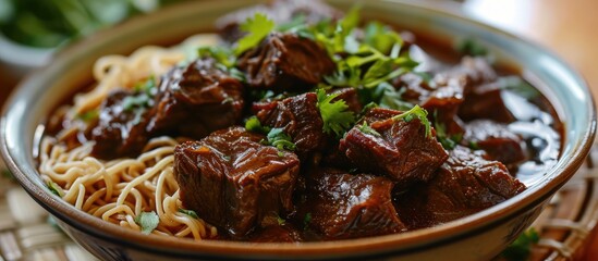 Freshly cooked Filipino Beef Pares Mami, a photo of tender beef cubes with noodles. - obrazy, fototapety, plakaty