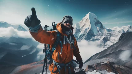 Fotobehang Mount Everest A man wearing a mountaineering suit on the way to the peak of mount everest, taking a selfie on top of a mountain 
