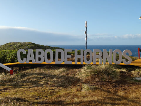 Tourist signage letters of Cape Horn, Cabo de Hornos, located in the south of Tierra del Fuego archipelago, in Ant&aacute;rtica Province, Magallanes Region