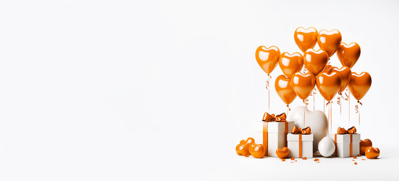 Gift boxes with bows, orange decorative heart and flying balloons on the white background. Empty space