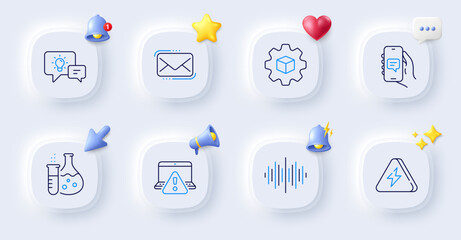 Product development, Chat app and Lightning bolt line icons. Buttons with 3d bell, chat speech, cursor. Pack of Sound wave, Chemistry flask, Idea lamp icon. Vector