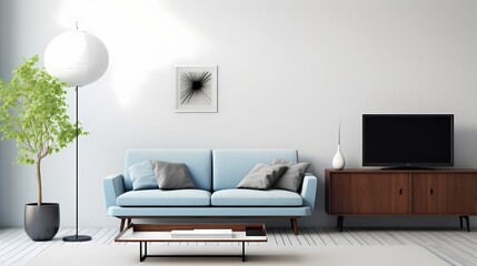 A minimalist living room with clean white walls, a sky-blue sofa, and a sleek black media console, creating a harmonious balance of simplicity and style. - obrazy, fototapety, plakaty