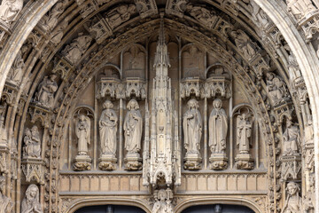 Fototapeta na wymiar Facade of medieval Church of Our Blessed Lady of the Sablon, Brussels, Belgium