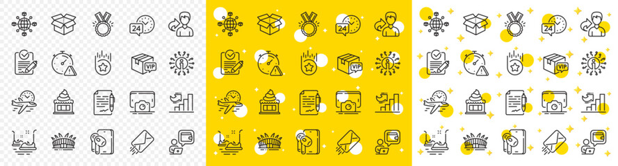 Outline Agreement document, Flight time and Bumper cars line icons pack for web with Honor, Ice cream, Open box line icon. 24h service, Attention, Share pictogram icon. Vip parcel. Vector