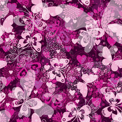Vector Valentine seamless pattern with hearts and butterflies on purple background