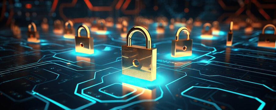 Cyber security and safety imformation personal data concept. Padlocks on digital abstract background