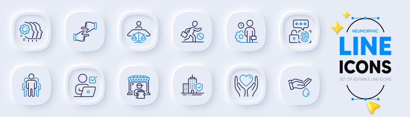 Hold heart, Employee and Click hands line icons for web app. Pack of Jobless, Biometric security, Group pictogram icons. Delivery market, Online voting, Employees teamwork signs. Vector