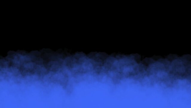 Abstract blue smoke clouds fog overlay in slow motion. Smoke, a cloud of cold fog in slowly moving on black background. Floating white fog, ice smoke cloud.