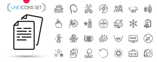 Pack of Electric energy, Swipe up and Portfolio line icons. Include 360 degrees, Fake news, Chin pictogram icons. Gluten free, No vaccine, Cut signs. Sodium mineral, Doctor, Documents box. Vector - obrazy, fototapety, plakaty