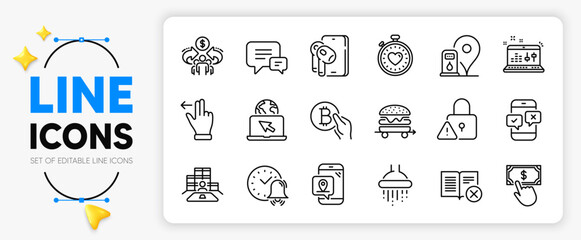 Lock, Inventory and Pin marker line icons set for app include Comment, Alarm bell, Internet outline thin icon. Payment click, Sharing economy, Heartbeat timer pictogram icon. Sound check. Vector