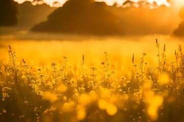Abstract soft focus sunset field landscape of yellow flowers and grass meadow warm golden hour sunset sunrise time. Tranquil spring summer nature closeup and blurred forest background. Idyllic nature 