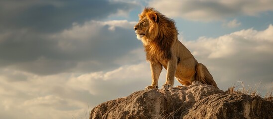 Lone lion atop a hill, displaying pride. - obrazy, fototapety, plakaty