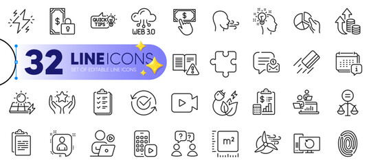 Outline set of Ethics, Idea and Web3 line icons for web with Breathing exercise, Instruction manual, Windmill turbine thin icon. Puzzle, Education idea, Payment click pictogram icon. Vector