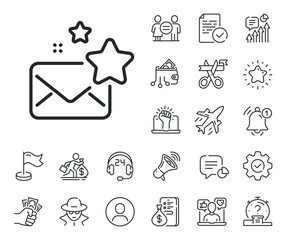 Letter with stars sign. Salaryman, gender equality and alert bell outline icons. Favorite mail line icon. Best email symbol. Favorite mail line sign. Spy or profile placeholder icon. Vector
