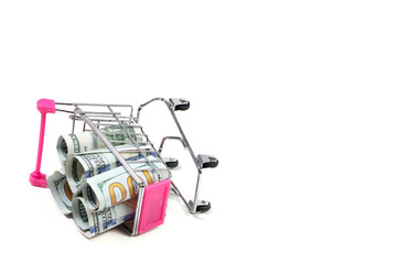 Dollars, money in shopping cart on white background