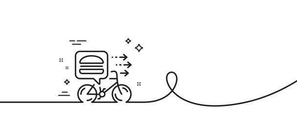 Food delivery line icon. Continuous one line with curl. Bike courier sign. Catering service symbol. Food delivery single outline ribbon. Loop curve pattern. Vector