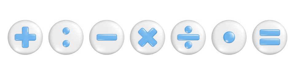 Realistic blue 3d plus, minus, multiply, division and equal sign on round button. Arithmetic 3d element, education maths icon, mathematical symbol. Vector illustration isolated on white background