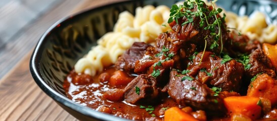 Close-up Nordic design bowl serving Hungarian braised venison goulash, with spicy sauce, vegetables, and spaetzle.