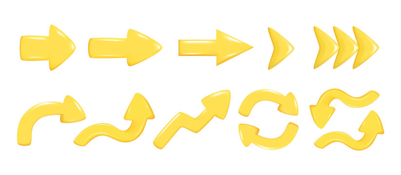 Set of realistic 3d yellow glossy arrows. Different shape of pointer 3d direction icon. Collection of left, right, straight, up, down, round sign. Vector illustration isolated on white background