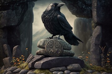 Symbolic raven perched on stones with pagan themes. Generative AI - obrazy, fototapety, plakaty