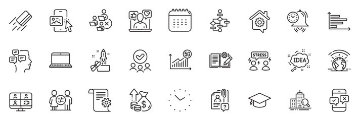 Icons pack as Calendar, Difficult stress and Social media line icons for app include Greenhouse, Technical documentation, Graduation cap outline thin icon web set. Calendar outline sign. Vector - obrazy, fototapety, plakaty