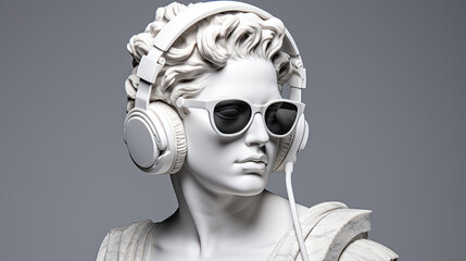 Ancient female greek sculpture wearing headphones and sunglasses. Isolated on grey background