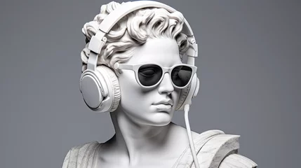 Fotobehang Ancient female greek sculpture wearing headphones and sunglasses. Isolated on grey background ©  Mohammad Xte