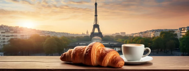 Fotobehang delicious hot coffee and croissant against the background of the Eiffel Tower © Anna