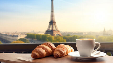 delicious hot coffee and croissant against the background of the Eiffel Tower