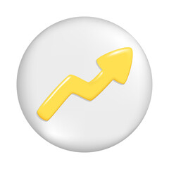 Realistic 3d yellow arrow on gray round button. Cartoon plastic glossy shape of pointer 3d direction icon, pointing right sign. Abstract vector illustration isolated on white background