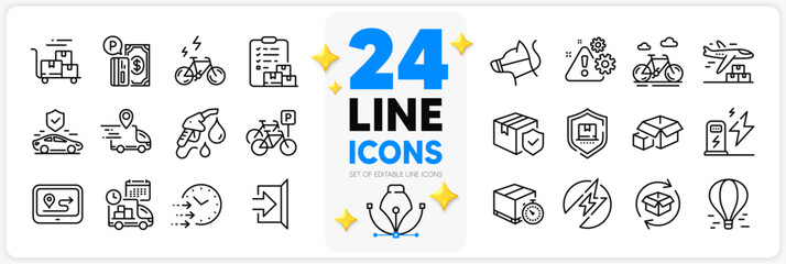 Icons set of Warning, Petrol station and Delivery time line icons pack for app with Delivery timer, Air balloon, Transport insurance thin outline icon. Bicycle parking, Packing boxes. Vector