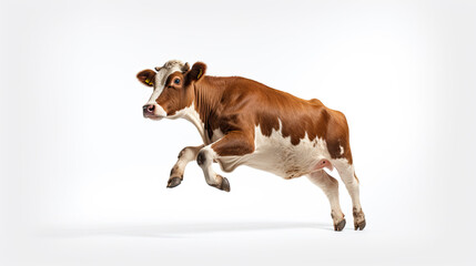 Jumping cow. Spotted cow. Farm animals. Isolated on white background