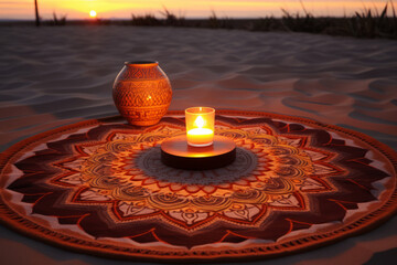 Sunset meditation place, mandala-shaped mat - obrazy, fototapety, plakaty
