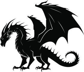 Vector drawing of a black dragon silhouette that sits. AI generated illustration.